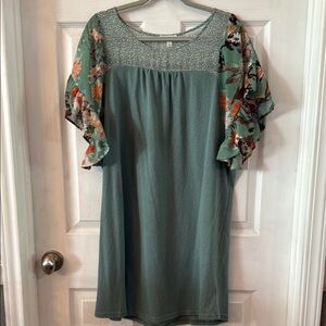Umgee Leopard/Floral Print Green Dress